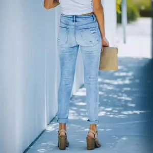 Women's High Waisted Ripped Skinny Jeans Light Blue Distressed Denim Long Pants Main