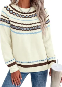 Women casual round neck long sleeve colorblock knit sweater winter top garment detail