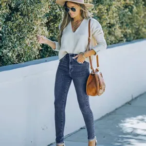 Women high waist stretch skinny denim trousers slim fit casual pants detailed view showcase.