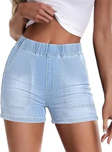 Close-up detail of women's high-waisted elastic waist light blue denim shorts with front pockets.