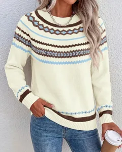 Chic women's crewneck colorblock long sleeve knit sweater with cozy fair isle pattern.