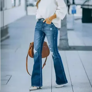 Women's high waist washed distressed flare jeans stretch denim long pants casual street wear