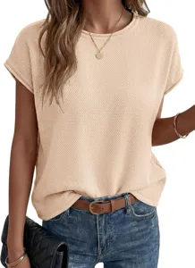 Detailed view of women casual solid color round neck short sleeve knit top, soft texture.