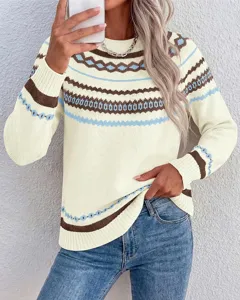 Women Colorblock Long Sleeve Crewneck Knit Pullover Sweater Casual Autumn Winter Top