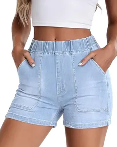 High-waisted elastic waist denim shorts detail, casual light blue summer women bottoms.