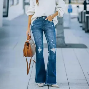 Women's high waist washed distressed flare jeans casual stretch denim long pants for spring