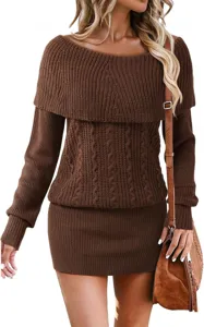 Detailed close-up view showing the elegant brown off-the-shoulder cable knit dress texture.