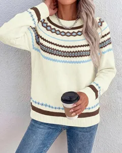Women round neck long sleeve knit sweater with geometric colorblock pattern for autumn winter.