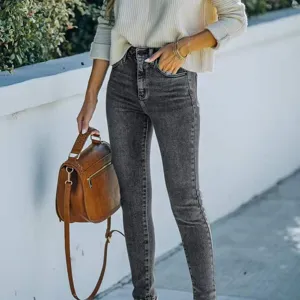 High-waisted stretch skinny jeans for women in washed grey, showcasing a sleek slim fit style.