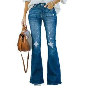 Women distressed stretch flare jeans washed denim trousers casual retro bell bottom pants new
