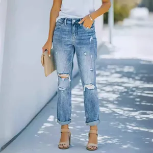 Femme Casual Destroyed Revers Bleu Jeans Mode Slim Fit Denim Pantalon Long Style