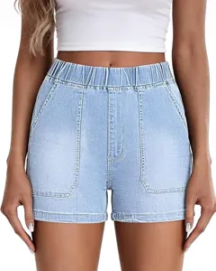 Casual stretch elastic waist denim shorts for women, featuring high rise and front pockets.
