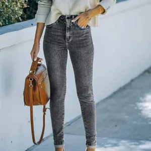 Womens high waist stretch skinny jeans in gray acid wash. Comfortable fit detail view.