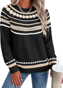 Close-up detail of women's black knit sweater featuring beige and white patterned stripes.