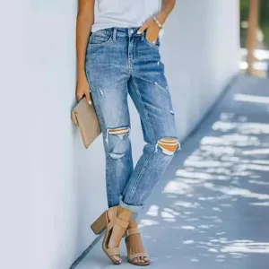 Jean slim bleu déchiré pour femme mode de printemps taille haute pantalon en denim