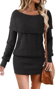 Detailed view of women's black off-shoulder long sleeve knit sweater dress with chic style.