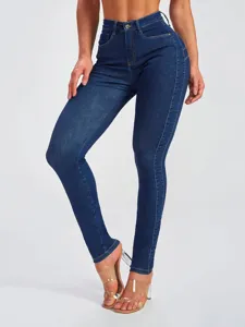 Women high waist skinny jeans stretch denim trousers casual slim fit long pants blue