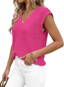 Mujer casual cuello en V jersey de punto sin mangas chaleco top, moda verano color sólido.
