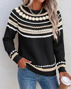 Detailed close-up shot of a women's round neck colorblock long sleeve pullover knit sweater.