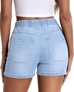 Back view details of women's light blue elastic high waist denim shorts, casual style.
