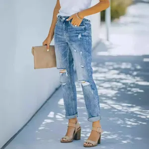 Femme jean bleu déchiré pantalon casual long printemps mode élégant slim fit vêtements