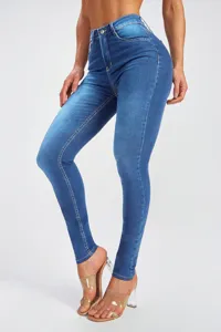 Women's high waist stretch skinny denim jeans, trendy fashion casual long pants blue.