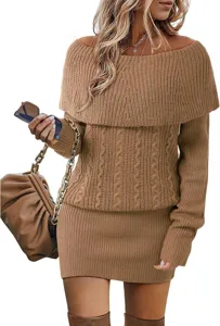 Close-up detail of off-the-shoulder cable knit sweater dress sleeve and textured fabric.