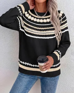 Chic black and beige contrast knit sweater featuring elegant geometric patterns and a classic crew neck.
