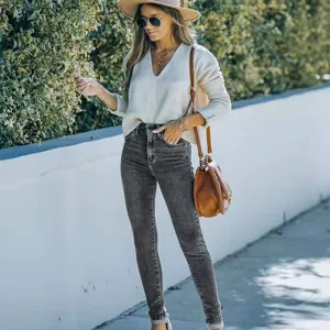 Women slim stretch skinny denim trousers casual high waist fashion long blue jeans