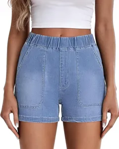 Light blue elastic waist denim shorts for women casual summer daily wear apparel detail