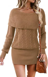 Details view of the brown off-shoulder long sleeve cable knit sweater dress for women.