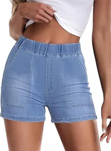 High-waisted elastic denim shorts featuring practical front pockets and trendy light wash finish.