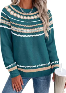 Detailed view of women's crewneck color block long sleeve pullover knit sweater.
