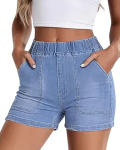 Women elastic high waist casual light blue denim shorts, summer fashion street style.