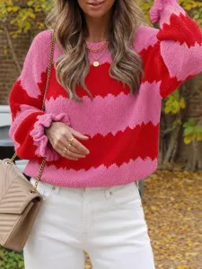 Women's Casual Colorblock Striped Crew Neck Long Sleeve Pullover Knit Sweater