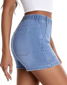 Side close-up view of casual elastic waist denim shorts for women, showing pocket design.