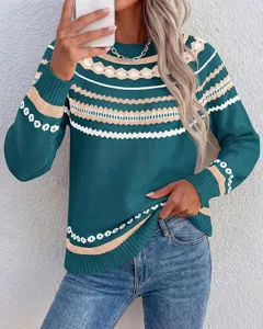 Women colorblock crewneck long sleeve knit sweater detail view, cozy winter pullover top.