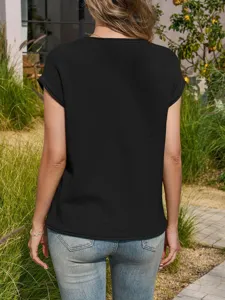 Solid color casual round neck short sleeve knitted sweater top for women, back detail view.
