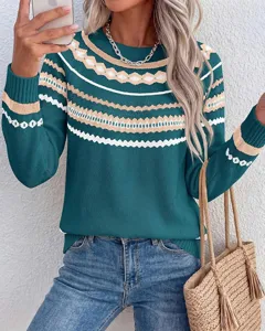 Women long sleeve round neck colorblock patterned knit sweater for autumn and winter daily wear.