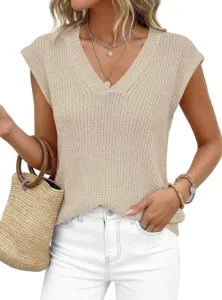 Top de verano de punto con cuello en V para mujer, elegante chaleco sin mangas diario casual.