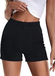 Detail view of women's black elastic waist denim shorts, showing pockets and fabric texture.