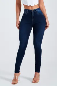 High waist dark blue skinny stretch denim jeans for women, slim fit everyday style.