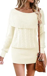 Women off shoulder long sleeve knit dress ribbed sweater casual slim fit winter outfit