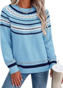 Light blue crew neck long sleeve sweater with geometric contrast stripe pattern for women.