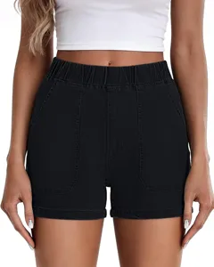 Women casual black elastic waist denim shorts summer high rise pockets streetwear apparel