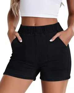 Women's black high-waisted stretchy denim shorts with elastic waistband and functional pockets.