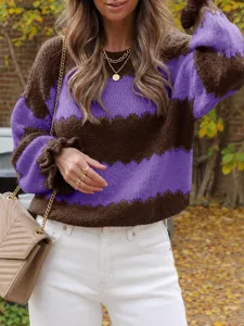 Close-up detail view of the purple and brown colorblock knit sweater, cozy autumn apparel.