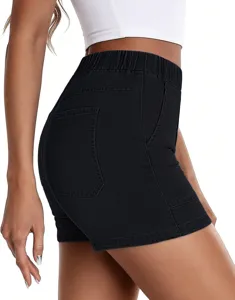 Detail view of casual black denim shorts, elastic waistband design, soft fabric texture.