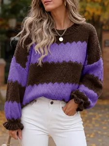 Detailed view of the women's brown and purple colorblock knit sweater with stylish striped pattern.