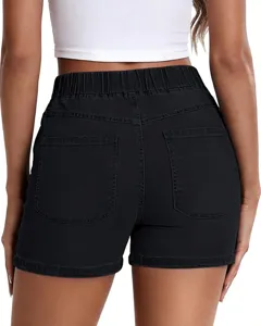 Casual high-waisted black denim shorts for women with elastic waistband and back pockets.